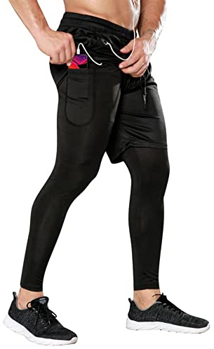 DAIHAN Kompressionsbyxor herr, löparbyxor, långa leggings, löparshorts, 2-i-1, korta löparbyxor, träningsbyxor, sportbyxor för sport, träning, fitness, cykling, yoga, vandring, basket, svart, L