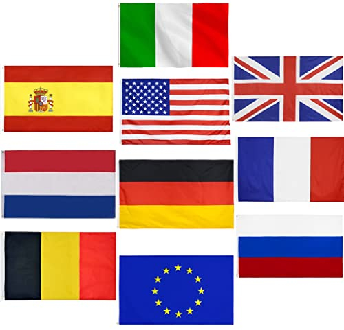 Set di 10 bandiere nazionali 90x150 cm UE, Italia, Francia, Spagna, Germania, Gran Bretagna, Russia, USA, Belgio, Paesi Bassi per alberghi, villaggi turistici, organizzazioni per esterni da appendere