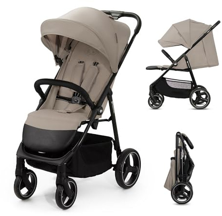 Kinderkraft Trig 3 Lightweight Stroller, Baby Pushchair, Easy Folding with One Hand, All Wheels Suspension, Ajustable Hood 5-Point Safety Harness, from Birth up to 25kg, Beige