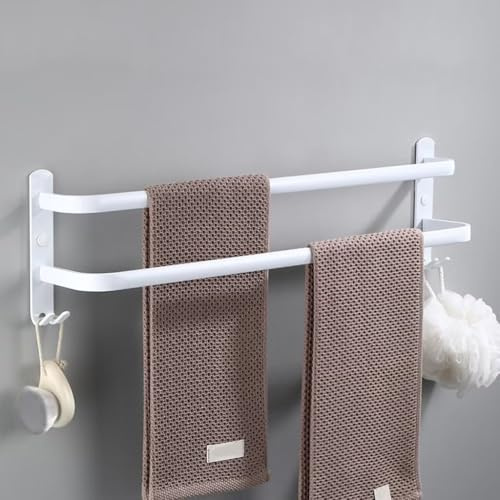 nvdsivee Porte Serviette Salle de Bain sans Percage Porte-Serviettes Murale Blanc avec 2 Crochets Barre Serviette en Aluminium Cuisine Blanc 2 Couches 60cm