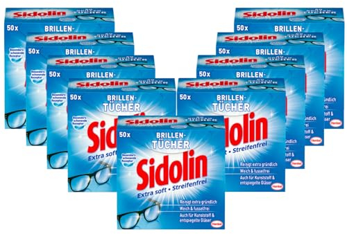 Sidolin Brillenputztücher 450 (9 x 50) Stück, feuchte Reinigungstücher für Brillen, Displays, Bildschirme, reinigen mühelos und fusselfrei, optimal für unterwegs
