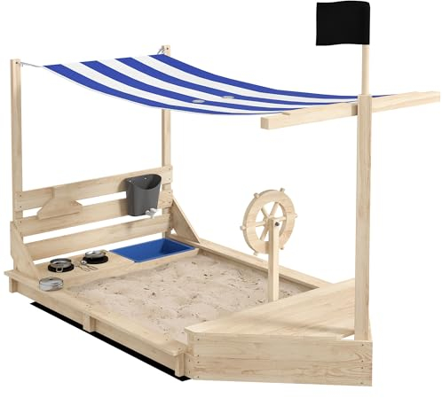 Outsunny Arenero para Niños de Madera Arenero Infantil con Toldo Volante Juguetes de Cocina y Forma de Barco Pirata para Patio Jardín 180x103x144,5 cm Natural