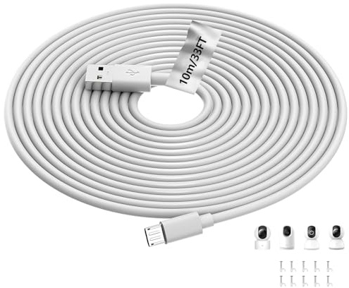 ACAGET 10m/33FT Micro USB Cable for XIAOMI Mi 360° Camera 10 Pcs Cable Clip | USB A to Micro USB Power Cable for Ring Indoor Camera (2nd Gen) Extension Cord for WyzeCam/YI/Cloud/Nest/Furbo Dog Cam