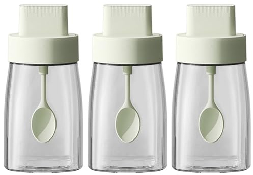 LOYUYU Küche Natrium Calcium Glas Gewürzgläser Gewürzboxen Set von 3, Gewürztöpfe Gewürzgläser, Kombination Löffel Höhenverstellbar und Deckel, luftdichte Kappe 230ml Grün