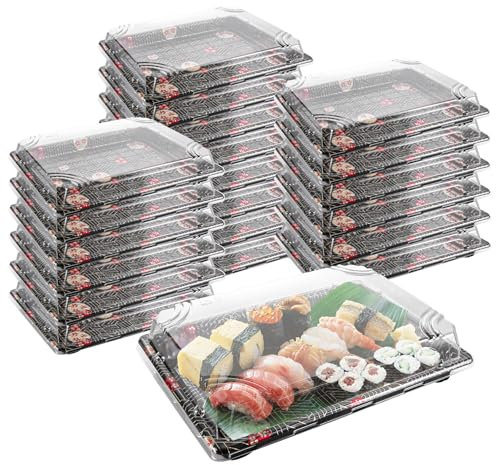 JMIATRY 30 Pcs Reusable Small Plastic Buffets Catering Trays with Lids, 255mmx185mm Sweet Treat and Sandwich Platter Tray, Black Pattern Base Food Containers for Party Food and Buffets