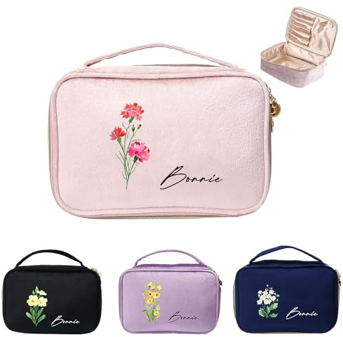 Kosmetiktasche für Frauen Personalisierte Große Schminktasche Mit Namens Geburtstagsblumen Gravur Kosmetikkoffer Reißverschluss Waschtasche (Samt-Rosa)