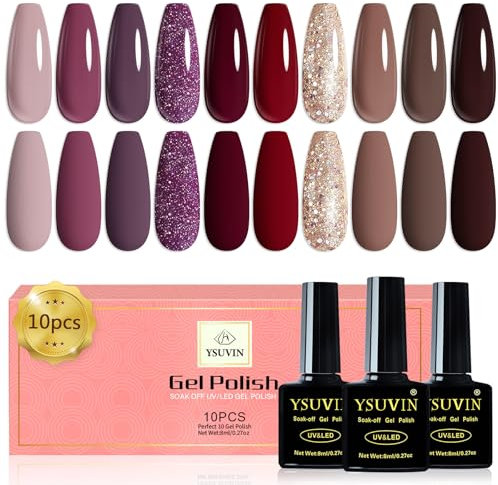Yueshop 10 Colors Burgundy Dark Red Champagne Gold Dark Purple Glitter Brown Winter Gel Nail Polish, Gel Nails Soak Off UV LED Nail Art Varnish Kit For Beginner DIY Salon Home, 8ml