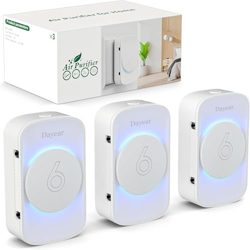 Dayear 3 Pcs Air Purifier for Bedroom Home, Plug-in Negative Ion Air Purifier, Portable Quiet Ioniser for Smokers, 3 Led Light Modes, Reduces Odours from Pets/Kitchen/Toilet/Dust/Office/Living Room