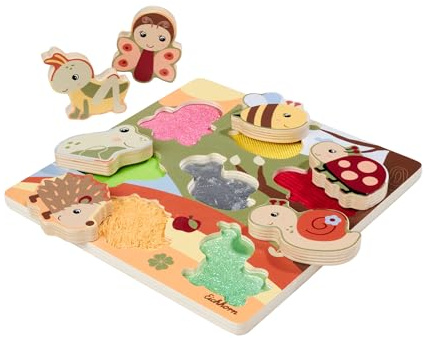 Eichhorn – Stoff Fühlpuzzle mit 7 Tieren und unterschiedlichen Textilelementen, fördert die Feinmotorik und den Tastsinn, 22x22 cm groß, 8 teilig, aus 100% FSC zertifiziertem Sperrholz, ab 1 Jahr