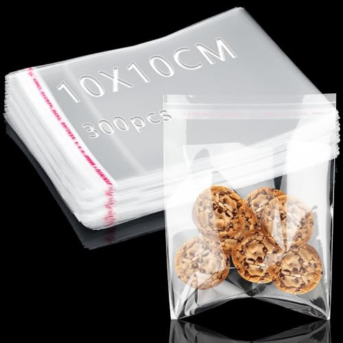 300 Stk Plastiktüten Selbstklebend 10x10cm Cellophantüten OPP Tütchen | Zellophantüten Selbstklebend, Klarsichttüten, Wiederverwendbar, Klebeverschluss, für Süßigkeiten, Keksen, Schokolade, Schmuck