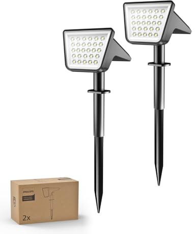 Philips - Lote de 2 proyectores de luces solares para exteriores, impermeables, 28 LED de 7500K, iluminación para paisajismo para jardín, callejón y césped, función de atardecer al amanecer