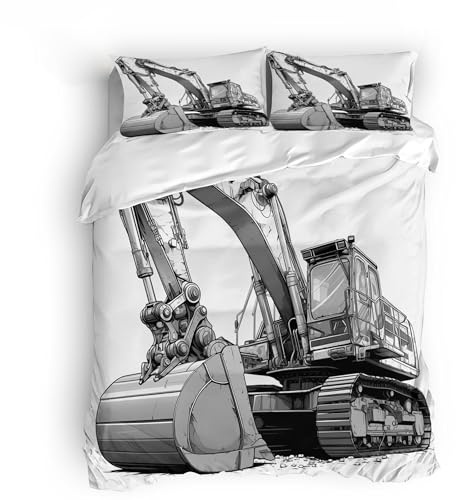 Generisch Bettwäsche Bagger & Bettwäsche Baustelle – 135x200cm mit 2 Kissenbezügen 80x80cm, ultraweiche & langlebige Mikrofaser, realistisches Bagger-Design für kleine & große BAU-Fans.