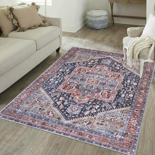Mazovia Alfombra Rojo Boho Vintage - Salón, Dormitorio, Comedor, Despacho - Pilas Cortas Rectángulo - Oeko-Tex® - Lavable a Máquina, Vegetal - Azul - 80x150 cm