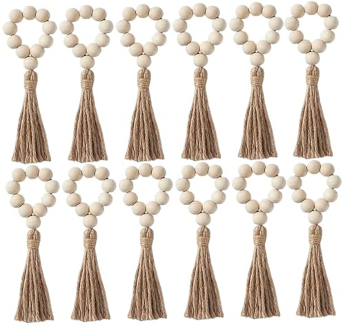Pastoralist Serviettenringe, Holzperlen -Serviettenringe 12pcs Flexibles Holz mit Quasten zum Esstisch, Hochzeit, Party, Kerzen, Türknauf, Wand