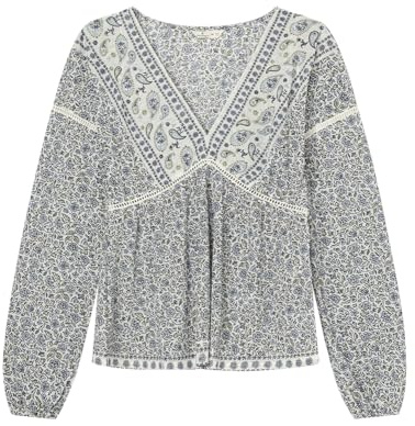 Springfield Long Sleeve Blouse with V Neck and Border Print Blusa De Manga Larga Mujer (Pack de 1)