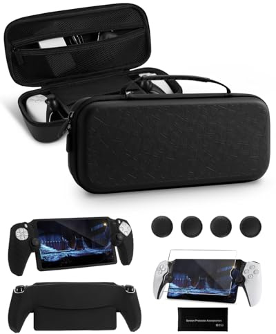 PALPOW 8 en 1 Kit D'accessoires Compatible avec PlayStation Portal, Pochette Portable Rigide avec Housse Protection en Silicone Compatible avec PS5, Protecteur D'écran avec 4 Thumb Grips, Noir