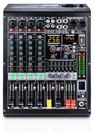 W IN-MIX TC-4 4-Kanal Audio-Mixer mit Mischpult USB Bluetooth 256 DSP Effekten 48V Phantomspeisung fur Podcast Karaoke Heimstudio Live-Streaming und kleine Bands