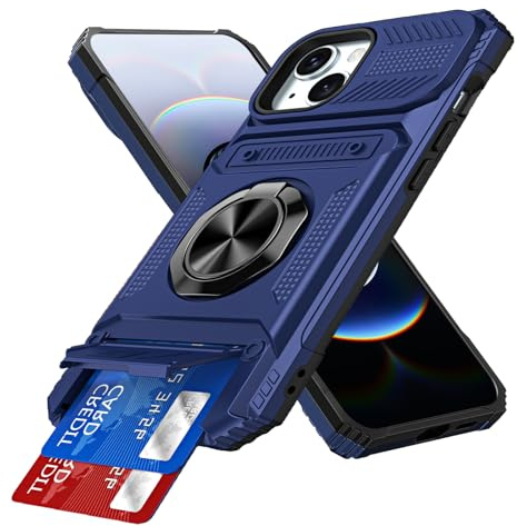 IMEIKONST pour iPhone 14 Coque avec Porte Carte, Protection Caméra & Anneau Magnétique Béquille, Protection Militaire Antichoc Étui Anti-Rayures Housse pour iPhone 13/14. Bleu TCKB