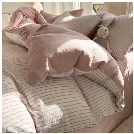 MZP King/Queen Striped Cotton Duvet Cover Set 100% Washed Cotton Textured Stripe Pinstripe Bedding Set 4 Pieces Divet Cover Fitted Sheet Pillow Cases(Pink,King)