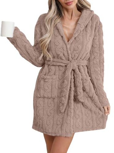 Robe De Chambre Femme Polaire Chic Sortie De Bain Femme Court Imprimé Peignoirs Herbst Robe Polaire Noël 2#Kaki L