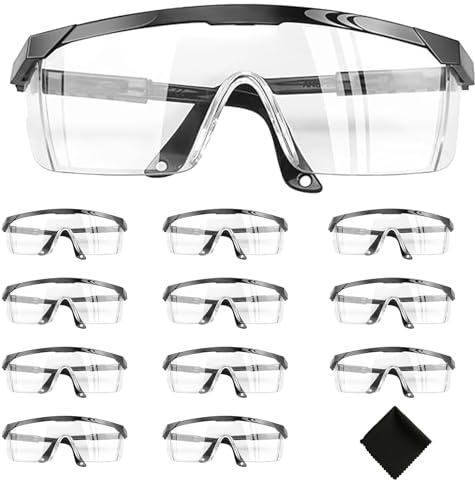 Schutzbrille 12 Stück Arbeitsschutzbrille mit Brillenputztücher, Schutzbrillen Arbeitsschutzbrille mit Verstellbaren Bügeln Sicherheitsbrille Transparente Schutzbrillen Arbeitsbrillefür Brillenträger