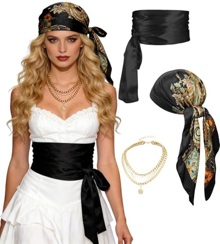 Ginkago Mittelalter Piratenkostüm Zubehör Set Damen Herren Piraten Verkleidung Accessories Kopftuch Augenklappe Ohrringe Halskette Armband Hüfte Tuch für Halloween Cosplay Party (Tiefes Schwarz-3PCS)