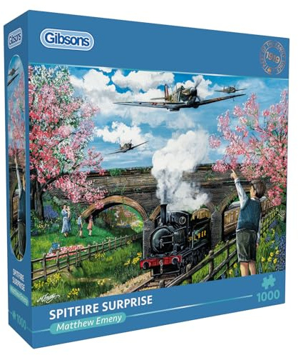 Gibsons Spitfire Surprise 1000 Piece Jigsaw Puzzle for Adults – Nostalgic Aviation & Railway Theme Artwork by Matthew Emeny – Premium Sustainable Puzzle Made in the UK/EU