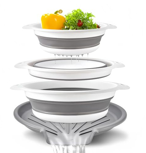 Collapsible Colanders Food Strainers, 3-Pack Foldable Kitchen Strainers with Over-Sink Water Draining Tray, Space Saving Kitchen Drainer for Vegetables, Fruit, Pasta and Rice (White-Gray)