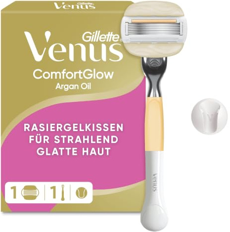 Gillette Venus Comfortglow Rasierer Damen, Grau/Gelb | Nassrasierer für Sichtbar Glatte Und Weiche Haut mit Einem Hauch von Arganöl, Inkl. 1 Rasierklinge Und Duschhalterung