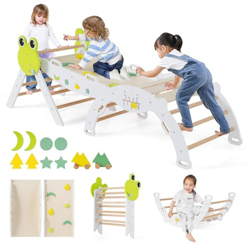 GOPLUS 7-in-1 Klettergerüst, 3er Set faltbares Kletterspielzeug mit Kletterbogen, Rampe, Rutsche, Frosch Montessori Kletterdreieck mit Baustein, Indoor-Spielplatz für Kinder (Frosch,Weiß)