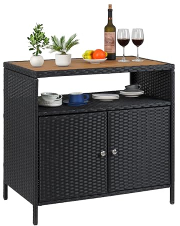 GarveeLife Outdoor Schrank aus PE Rattan mit Ablagefläche & modernem Griff, wasserabweisender Aufbewahrungsschrank für Terrasse & Balkon, Stabiler Holzwerkstoff & verstärkte Stützrohre, Schwarz