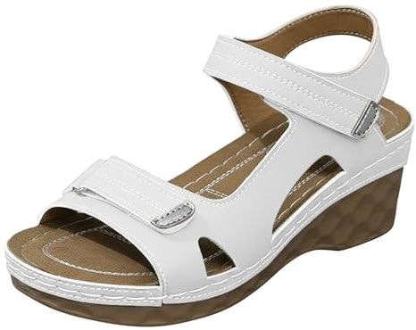Sandali da donna con zeppa bianca casual scarpe aperte Hook & Loop Strape Calzature per vacanze estive spiaggia passeggiate, Beige, 40 EU