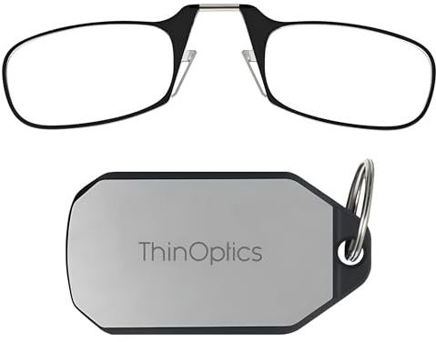 ThinOptics faltbare Lesebrille 1,0, schwarz, mit Schlüsseletui, bügellos | Faltbare Nasenbrille ohne Bügel mit Flex-Fit-Technologie, sitzt direkt auf der Nase, für unterwegs, im Taschenformat, leicht