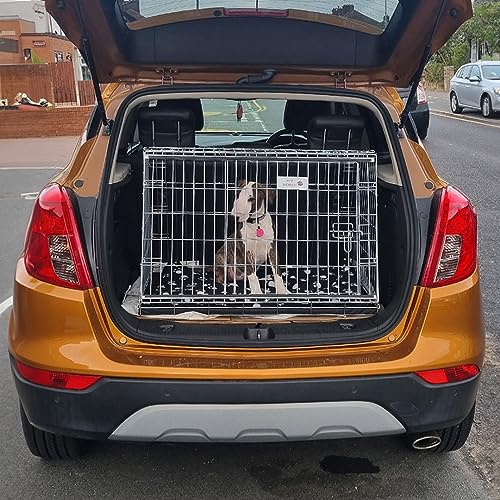 Pet World Medium 34 Sloped Car Dog Crate – Compatible with Vauxhall Mokka X 2016 Onward – UK Designed, Steel Travel Cage – Emergency Escape Hatch – Folds Flat – Free Comfort Mat – Easy Assembly