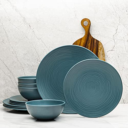 Bzyoo Juego de vajilla de melamina de 12 piezas, duradero, apto para lavavajillas, platos y cuencos - Comedor casual, fiestas, juego de platos azules Organica Blue Collection