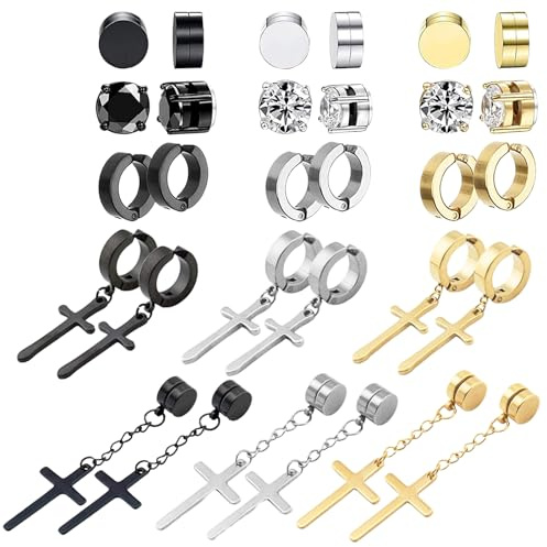 NEWITIN 15 Pairs Magnetic Stud Earrings for Men Clip on Earrings Stainless Steel Magnet Earring Unisex Dangle Cross CZ Hoop Magnetic Stud Earring Set for Men Women