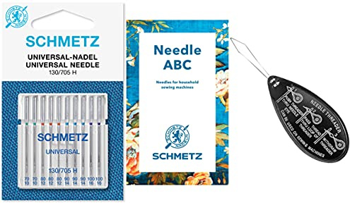 Schmetz HaushaltsNähmaschinennadeln – Universal (Regular) 130705 H, 10 Stück, verschiedene Größen: 7010, 8012, 9014 und 10016 + UNIQUE GRATIS großer Nadeleinfädler & Schmetz Nadelführung –