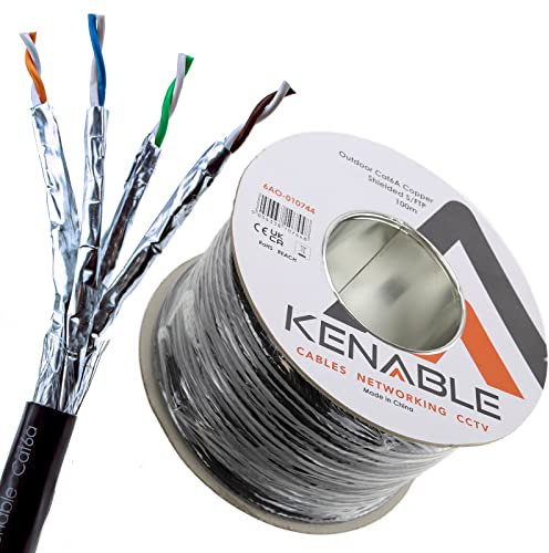 kenable External Shielded CAT6A Outdoor Use COPPER Ethernet Cable S/FTP Reel 100m Black [100 metres] for 10 Gigabit High Speed Networking - Futureproof - All POE compatible