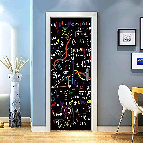 LuSeven stickers porte de douche Noir maths formule école 77x200cm 3D Sticker de Porte Trompe l'œil Autocollants de Porte, Autocollant Amovible étanche 3D pour pour Décor Cuisine Chambre