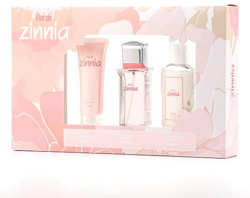 ZINNIA - Flor de Zinnia Colonia 100 ml + Crema de Cuerpo 100 ml + Crema de Manos 75 ml, Estuche de Regalo Mujer, Eau de Toilette Femenina, Aroma Dulce Afrutado, Fragancia Fresca de Larga Duración
