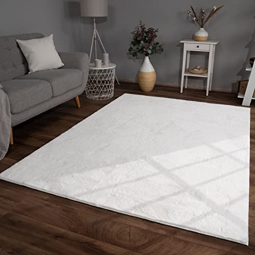 TT Home Alfombra De Pelo Largo Suave Monocromo Moderna, Color:Blanco, Tamaño:160x220 cm