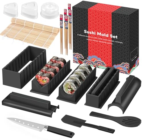 SKYSER Sushi Maker set, 20 Artikel Kit für Anfänger zum selber machen, Kann als Sushiteller verwendet werden mit Reis Roll Formen, Gabel, Messer, Rolling Matte, Stäbchen, Komplett(Schwarz)