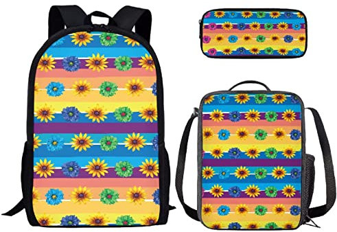 Binienty Modischer Rucksack Teen Jungen Mädchen Schulbuch Tasche mit Lunchbox Stifteetui 3 in 1, Sonnenblume mit Linie, Einheitsgröße
