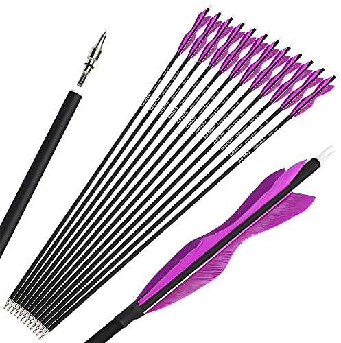 SHARROW Bogenschießen Carbonpfeile Jagdpfeile 28/30/31 Zoll Carbon Pfeile Spine 500 Bogenpfeile Pfeile für Bogen Fletching Natürliche Feder (12 stück/30 Zoll, Lila 2)