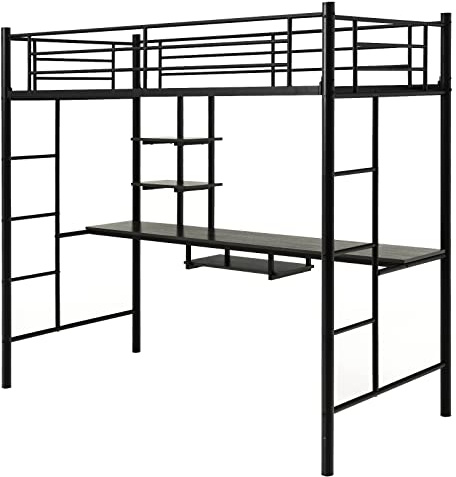 Multigot Bunk Bed with Desk, 2-Side Ladder Single Loft Bed (Black)