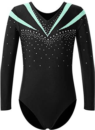 TTAO Kinder Turnanzug Gymnastikanzug Mädchen Leotard Langarm Ärmellos Trikot Training Dancewear Gymnastikbody Tanzbekleidung Wettkampf Hellgrun B 134-140