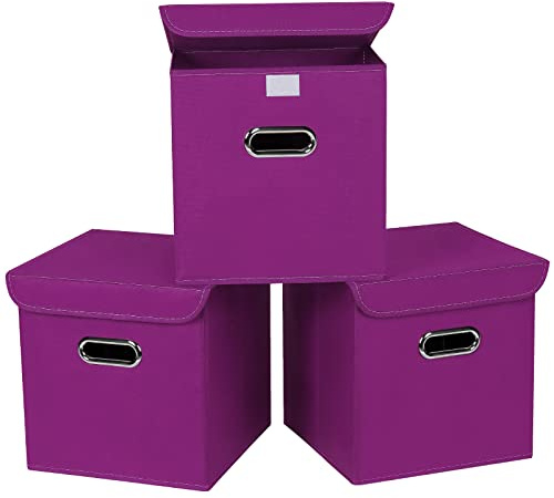 SEVENDOME Organizadores de armario de tela con tapas, plegables, cesta organizadora con asas, cajas de almacenamiento para almacenamiento de ropa, oficina, juguetes, paquete de 3 (morado)