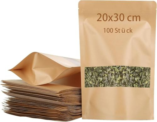 AKOLAFE 100 Stück Papiertüten mit Fenster 20x30cm Kraftpapier Tüten mit Fenster Braune Standbodenbeutel Kraftpapier Luftdichte Gewürztüten für Süßigkeiten Nüsse Kaffeebohnen Gewürze Teeblätter