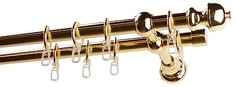 Garesa Gardinenstange Andrea Ø 20mm, 2-läufig, Messing I Stabile Vorhangstange inkl. Ringe + Faltenlegehaken I Mit Endknopf Profil klein I 300cm