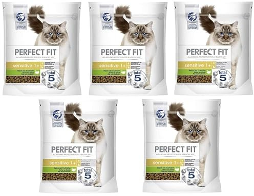 Sensitive 1+ – Trockenfutter für Erwachsene, Sensible Katzen ab 1 Jahr – Reich an Truthahn – Ohne Weizen und Soja – Unterstützt die Verdauung – 5 x 750 g